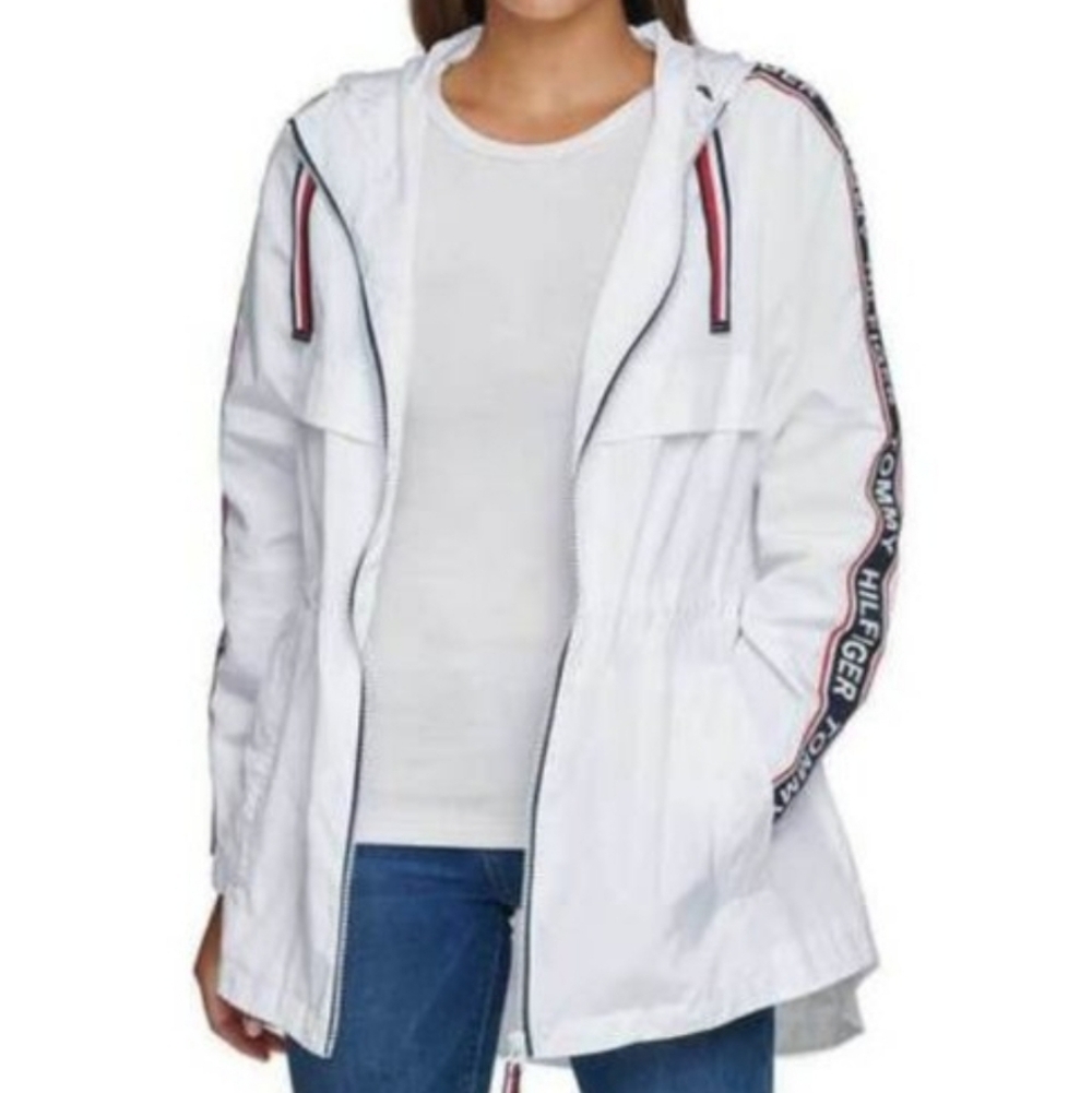 Tommy Hilfiger Lightweight Windbreaker Hooded Zip Up Jacket White Black Red M